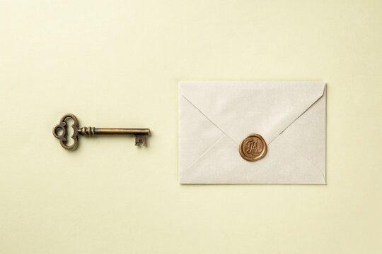 Antique brass key and sealed letter on vintage cream background. Retro envelope with wax seal. Old school message concept for design projects.