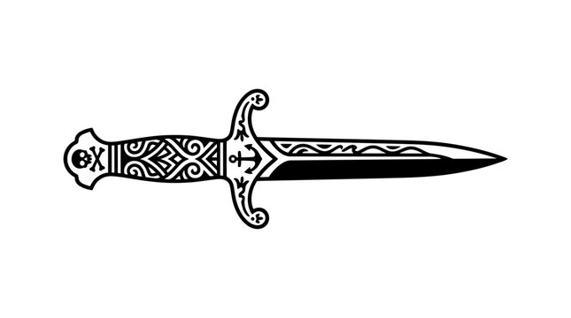 Ornate Pirate Dagger Illustration with Skull and Anchor Details Isolated on White Background