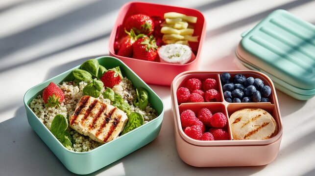 Colorful bento boxes with healthy meal prep and fresh berries