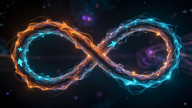 Infinite loop of vibrant blue and orange energy, swirling with cosmic particles.