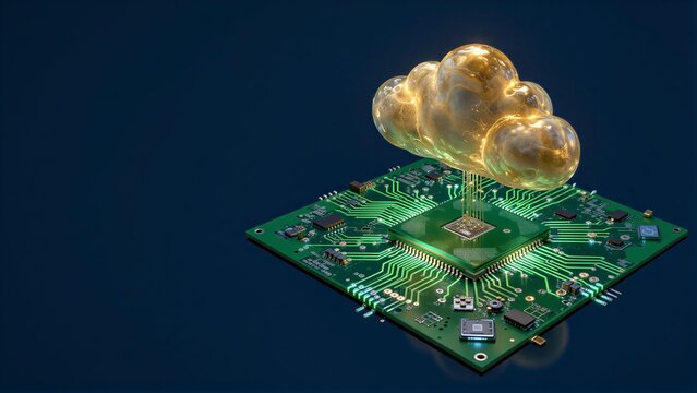 Golden cloud hovers above glowing circuit board, symbolizing tech and innovation.