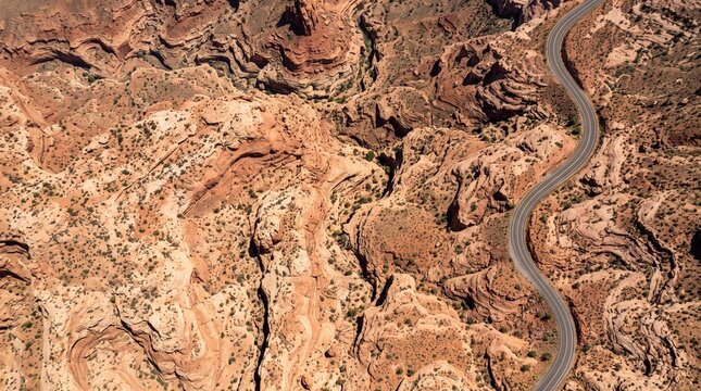 Aerial view of a winding road cutting through the rugged, arid desert landscape