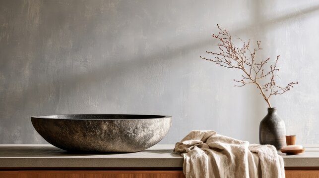 Empty microcement wall in a serene minimal bathroom corner