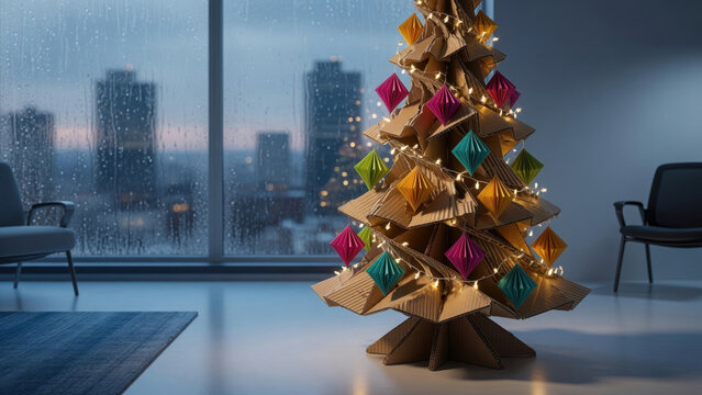 Cardboard Christmas tree eco friendly holiday modern living room rainy city window colorful paper ornament warm fairy light sustainable decor creative craft cozy Upcycled holiday tree concept