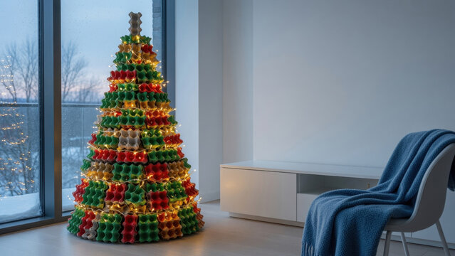 Christmas tree egg carton recycling eco friendly living room holiday decoration fairy light winter sustainability creative design Christmas tree egg carton recycling Upcycled holiday tree concept