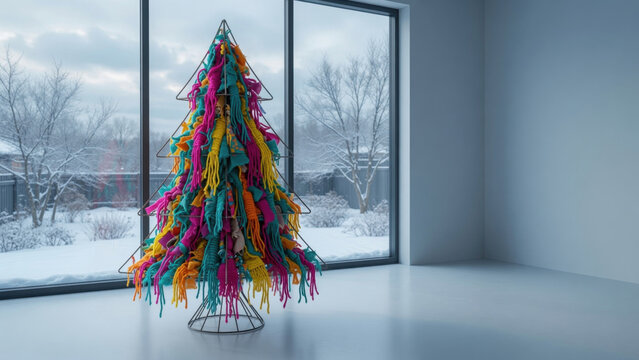 Colorful christmas tree winter living room modern holiday decor abstract art bright yarn snowy landscape large window minimalist interior cozy mood festive season Upcycled holiday tree concept