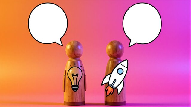 Two wooden figures discuss ideas and innovation against a vibrant gradient background.