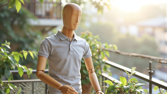 Wooden mannequin in grey polo shirt stands on balcony with green plants and sunlit background.