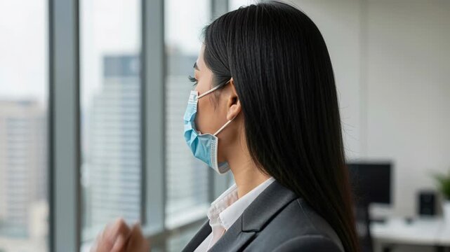 Concerned professional in mask by window: A woman in a face mask looks out of an office window, concerned about the world outside. She wears a suit and tie, showing her professional side.