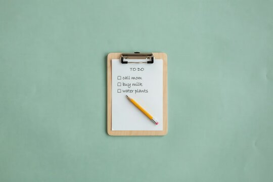 Flat lay wooden clipboard with yellow pencil and handwritten to do list on light green mint colored background ample copy space minimalist composition