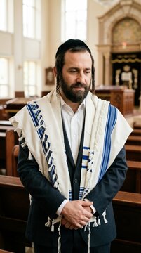 Orthodox Jewish man in a tallit praying in a synagogue. Vertical photo of a male worshipper with a kippah and payot standing quietly among wooden pews