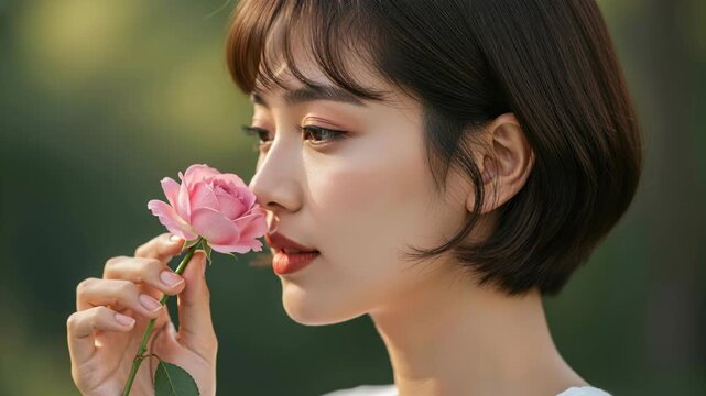 A Woman Admires a Pink Rose: A young woman with a bob haircut delicately holds a pink rose near her nose, savoring its fragrance amidst a softly blurred green background.
