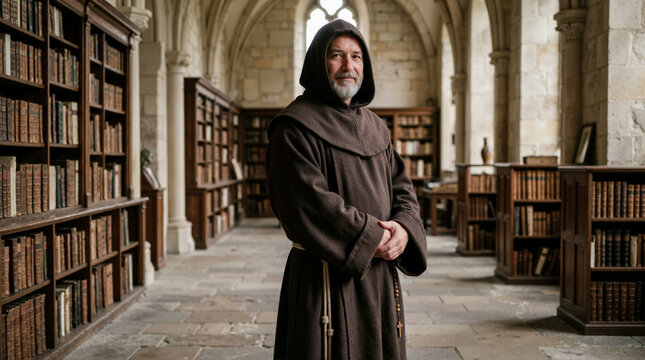 Monk in brown hooded robe standing in a historic library. Middle-aged man with rosary cross surrounded by old books in a monastery. Knowledge and faith concept