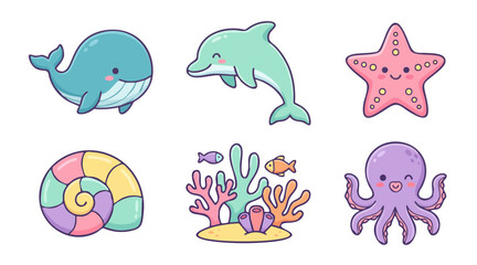 Naklejka premium Cute cartoon sea creature sticker collection with whale dolphin and octopus