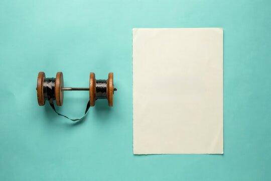 Minimalist composition with ancient clay oil lamp and white paper card, rustic lamp on teal background, antique light source with blank tag