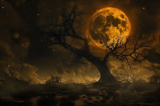 Dark Gothic Tree Silhouette Under Giant Orange Moon