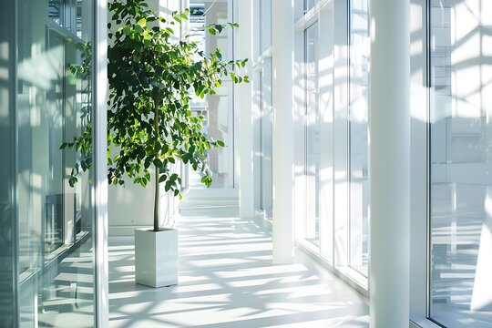 Minimalist Corporate Hallway with Tall Windows and Indoor Tree