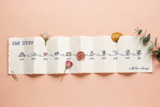 Romantic relationship timeline on accordion paper, Our Story wedding anniversary memory, vintage scrapbook with dried flowers and wax seal