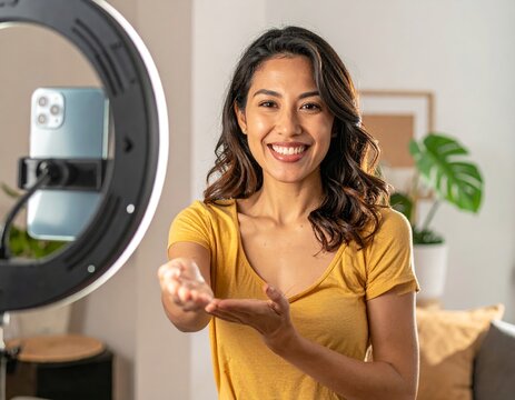 Portrait d'une jeune femme souriante devant un anneau lumineux dans un cadre de studio maison, semblant enregistrer une vid&eacute;o ou faire un appel vid&eacute;o avec son t&eacute;l&eacute;phone