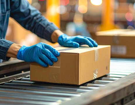 Gros plan de mains portant des gants de protection bleus en train de d&eacute;placer une boite en carton sur un tapis roulant dans un centre de distribution logistique
