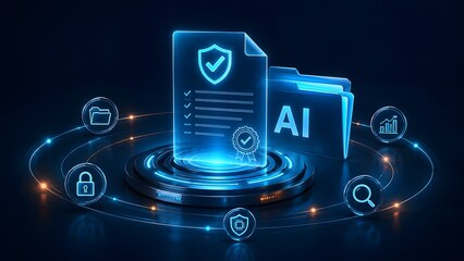 Obraz premium Artificial intelligence AI folder next to secure digital document with approval seal and shield. Smart compliance, cyber security and machine learning.