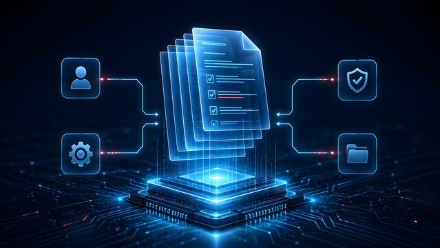 Holographic stack of digital documents on microchip with security and management icons. Secure data processing and workflow automation concept.