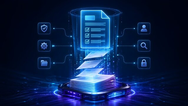 Digital document hologram with flying papers and security icons. Automated data archiving, audit process and secure electronic file transfer.