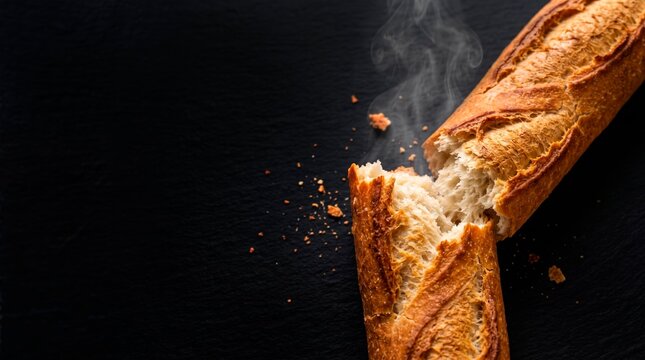 Hot French Baguette Breaking Apart with Crispy Crust and Steam on Black Background