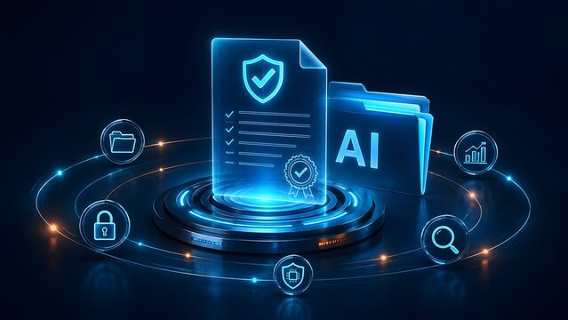 Artificial intelligence AI folder next to secure digital document with approval seal and shield. Smart compliance, cyber security and machine learning.