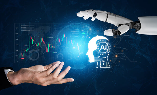 Futuristic financial technology concept features automated robot trader, quantitative analytics, and real-time stock market graph. Represents high frequency trading HFT and wealth management. Corpus
