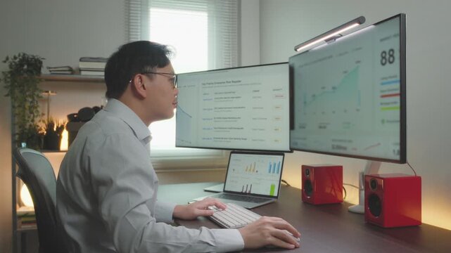 Data Analyst analyze Data Financial Dashboard and Touch screen Monitor.