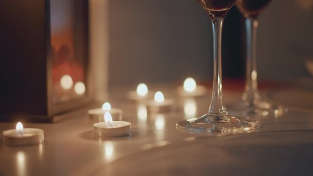 Close-up tabletop view of two wine glasses filled with red wine beside lit tealight candles and taper candle on glossy surface; gentle flames flicker, soft smoke drifts, and warm reflections create