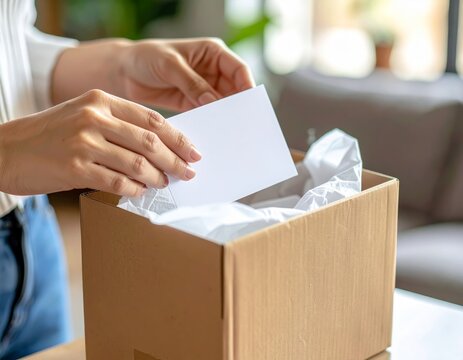 Mains ouvrant une bo&icirc;te d'expedition personnalis&eacute;e r&eacute;v&eacute;lant du papier de soie et une carte de remerciement pour le client