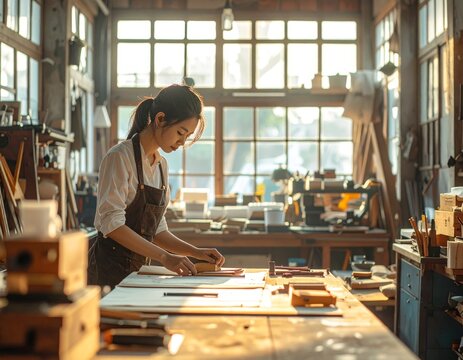 Silhouette d'une personne travaillant debout dans un bureau lumineux pr&egrave;s d'une grande fen&ecirc;tre, ambiance calme et professionnelle avec table de travail en bois et lumi&egrave;re naturelle