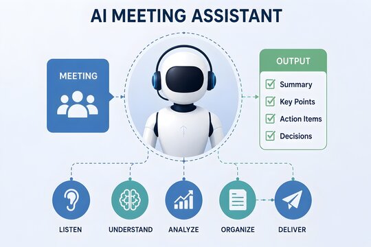 Artificial intelligence meeting assistant flowchart showing robot processing audio into structured business summaries and action items