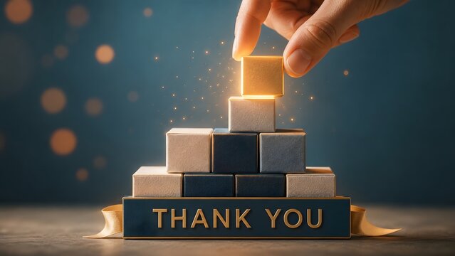 Hand placing glowing gold block on pyramid base with Thank You text. Corporate appreciation, business success and teamwork gratitude concept.
