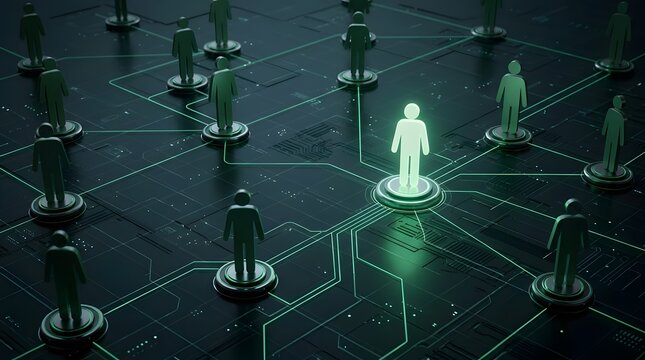 Digital human resource network concept featuring a glowing faceless professional silhouette standing out within a corporate cyber infrastructure