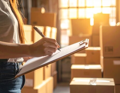 Main tenant un stylo au-dessus d'un presse-papier pour v&eacute;rifier un inventaire de cartons illumin&eacute;s par la lumi&egrave;re du soir dans un entrep&ocirc;t