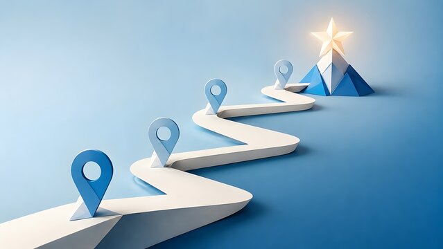Winding path with location pins leading to a mountain peak with a glowing star. Business strategy roadmap, career journey and success achievement concept.