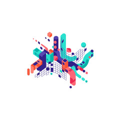 Fototapeta premium Abstract Isometric Geometric Composition with Colorful 3D Elements and Data Grids