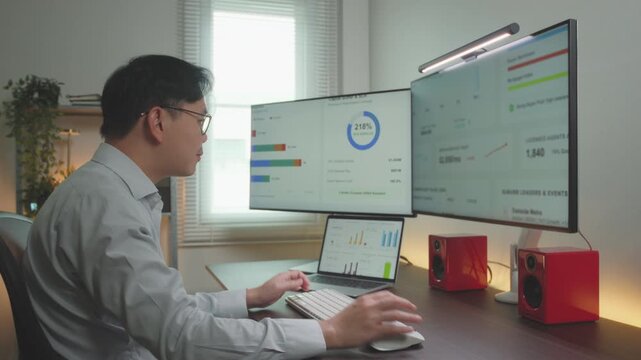 Financial Analyst Celebrating Successful Data Analytics Output in Home Office. Entrepreneur business idea concept.