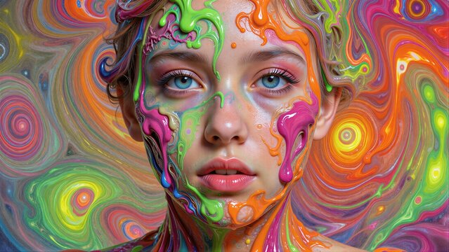 A vibrant, psychedelic face with swirling rainbow colors and fluid art effects.