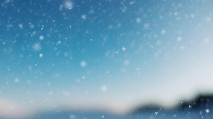 Obraz premium Falling snow flakes against a soft blue winter sky background for seasonal holiday design.