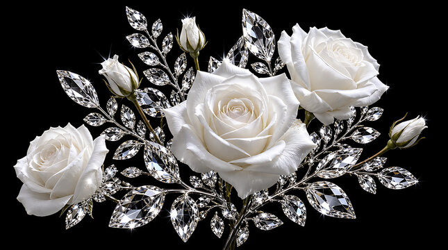 Elegant white roses and crystal foliage sparkling against a black background