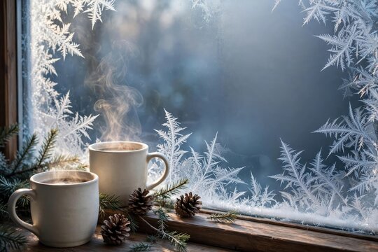 Cozy Coffee Mugs by Frosted Window on Winter Morning