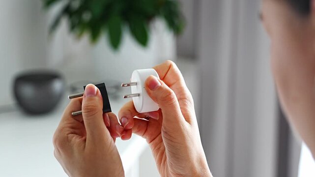 Woman compares electrical plug adapters for different power outlets at home. International travel and power compatibility concept for global electronics.