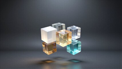 Obraz premium Colorful translucent cubes float in mid-air, glowing softly against a dark backdrop.