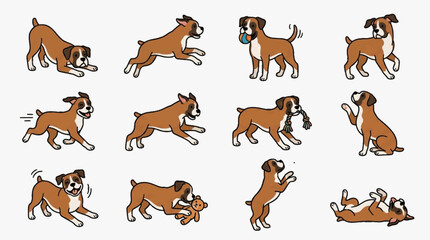 Obraz premium Vector illustration set of twelve cartoon boxer puppy characters in multiple poses including running, jumping, playing with a ball, sitting, and tugging rope on a white background.
