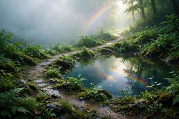 Obraz premium Magical Rainbow Through Misty Woodland Pond