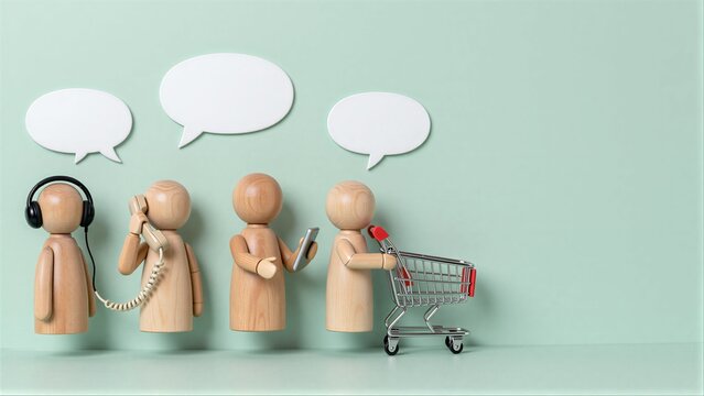 Wooden figures represent modern shopping methods with speech bubbles above them.
